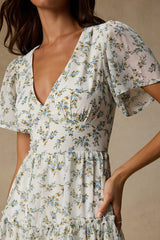 So True White Floral Print Tiered Short Sleeve Mini Dress