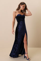 Classy Sensation Navy Blue Velvet Pleated Strapless Maxi Dress