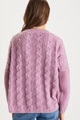 Toasty Charm Lavender Cable Knit Notched Oversized Sweater