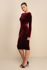 Va Va Voom Burgundy Velvet Backless Long Sleeve Midi Dress