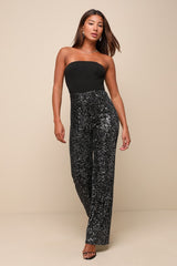 Marvelous Fun Black Sequin Strapless Straight Leg Jumpsuit