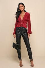 Luxe Designs Wine Red Plisse Satin Long Sleeve Tie-Front Top