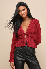 Luxe Designs Wine Red Plisse Satin Long Sleeve Tie-Front Top