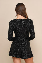 Cue the Shine Black Sequin Long Sleeve Romper