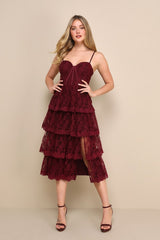 Exceptional Persona Wine Red Lace Tiered Bustier Midi Dress