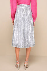Glamorous Occasion Silver Sequin Pleated Midi Skirt