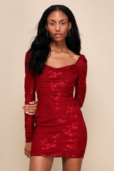 Sultry Occasion Wine Red Mesh Floral Long Sleeve Mini Dress