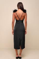 Exquisite Invite Black Satin Feather Backless Midi Dress