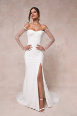 Eternally Beloved White Mesh Off-the-Shoulder Pearl Maxi Dress
