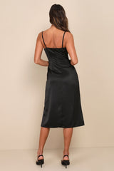 Hollywood Woman Black Satin Midi Dress