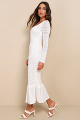 Sunset Moments White Crochet Long Sleeve Trumpet Midi Dress