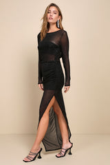 Sultry Glamour Black Mesh Rhinestone Backless Maxi Dress