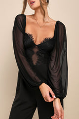 Instant Attraction Black Mesh Lace Long Sleeve Bustier Jumpsuit