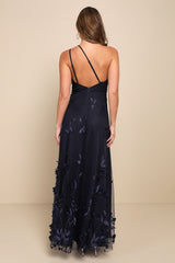 Regal Poise Navy Blue 3D Floral Applique One-Shoulder Maxi Dress