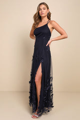 Regal Poise Navy Blue 3D Floral Applique One-Shoulder Maxi Dress