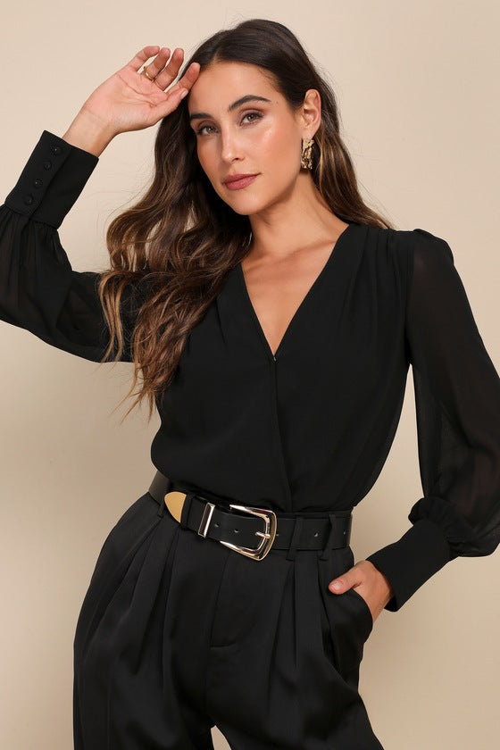 Sophisticated Aspect Black Chiffon Surplice Long Sleeve Bodysuit