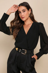 Sophisticated Aspect Black Chiffon Surplice Long Sleeve Bodysuit