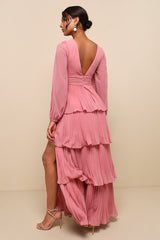 Graceful Finesse Dusty Rose Pleated Long Sleeve Maxi Dress