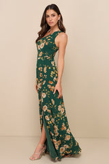 Elegant Admiration Emerald Green Floral One-Shoulder Maxi Dress