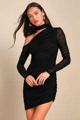 Exclusively Alluring Black Mesh Ruched Cutout Mini Dress
