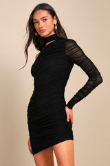 Exclusively Alluring Black Mesh Ruched Cutout Mini Dress
