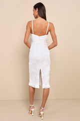Sultry Romantic White Lace Textured Bustier Bodycon Midi Dress