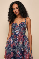 Cherished Aura Navy Blue Floral Organza Bustier Midi Dress