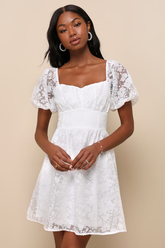 Sweetest Effect White Floral Burnout Puff Sleeve Mini Dress