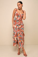 Notable Poise Rust Floral Print Lace-Up Ruffled Maxi Dress
