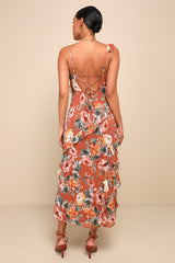 Notable Poise Rust Floral Print Lace-Up Ruffled Maxi Dress