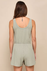 Laid-Back Luck Sage Green Ribbed Knit Drawstring Lounge Romper