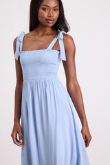 Looking Up Light Blue Smocked Tie-Strap Midi Dress