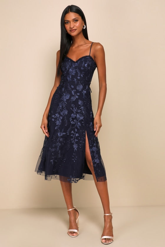 Charmingly Sophisticated Navy Blue Tulle Embroidered Midi Dress