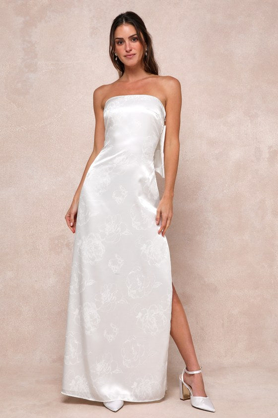 Avid Elegance Ivory Satin Jacquard Strapless Bow Maxi Dress