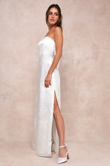 Avid Elegance Ivory Satin Jacquard Strapless Bow Maxi Dress