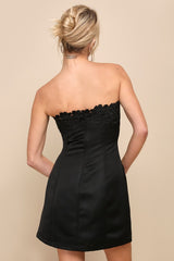 Unforgettable Icon Black Satin Strapless Floral Mini Dress