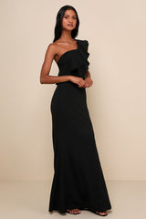 Grand Beauty Black Ruffled One-Shoulder Mermaid Maxi Dress