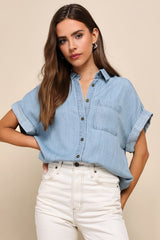 Consistently Confident Blue Chambray Collared Button-Up Top