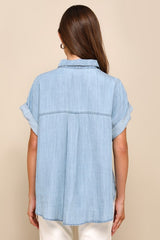 Consistently Confident Blue Chambray Collared Button-Up Top