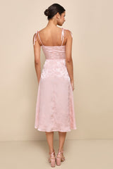 Ethereal Muse Light Pink Satin Jacquard Embroidered Midi Dress