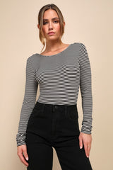 Favorable Cutie Black and White Striped Backless Bodysuit
