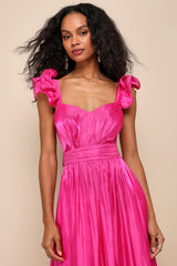 Pristine Glow Magenta Pink Ruffled Tie-Back Maxi Dress