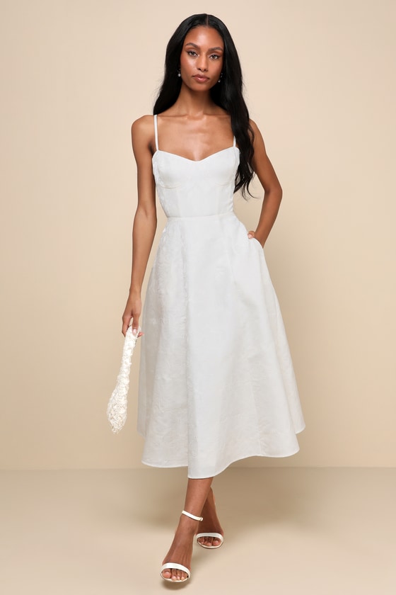 Meet for Tea White Jacquard Bustier Midi Dress With Pockets