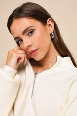 Cuddly Aesthetic Ivory Ribbed Quarter-Zip Pullover Sweater