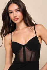 Sultry Mentality Black Mesh Bustier Sleeveless Maxi Dress