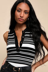Posh Sensibility Black Striped Collared Sweater Tank Top