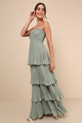 Seriously Sensational Sage Brush Strapless Tiered Maxi Dress