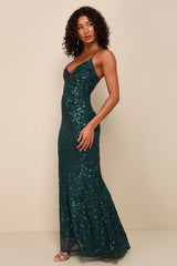 Photo Finish Forest Green Sequin Lace-Up Maxi Dress