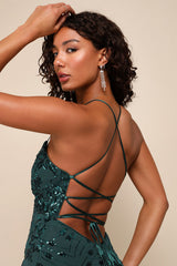 Photo Finish Forest Green Sequin Lace-Up Maxi Dress