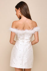 Charming Always Ivory Floral Jacquard Feather Mini Dress